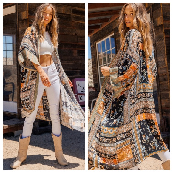 Boho Chic Multi Color Printed Long Kimono - Picture 2 of 4